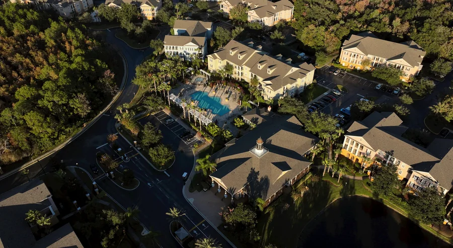 Aerial view of a Central Florida neighborhood with a swimming pool